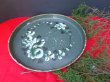 Vintage Tole Round Tray Hand Painted Floral Green Perfume Cordial Cocktail Vanity Tray French Cottage Chic