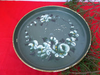 Vintage Tole Round Tray Hand Painted Floral Green Perfume Cordial Cocktail Vanity Tray French Cottage Chic