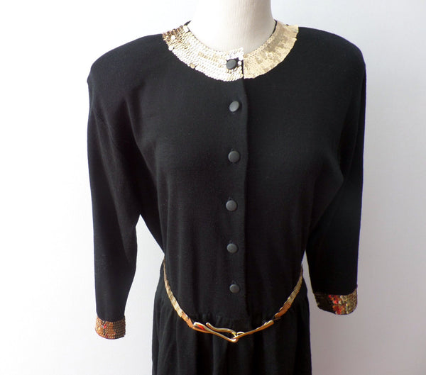 Vintage Wool Sweater Dress Gold Sequin Trim Holiday Dress City Casual Circa 1990's Made in Hong Kong