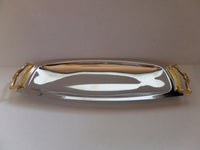 Vintage Mid Century Chrome Serving Tray Kromex Epsteam Relish Dish Two Tone Golden Handles Rectangular Tray Danish Mod Sleek Design