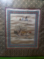 Vintage Silk Embroidery Framed Wall Hanging Asian Pagoda Weeping Willow