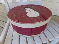Vintage Painted Wooden Cheese Box Snowman Folk Art Holiday Storage Winter Decor