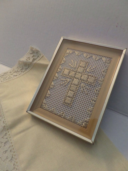 Vintage Crucifix Cross Stitch Framed Gold Metallic