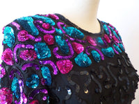 Vintage Sequin Dress Colorful Mardi Gras Fushia Turquoise Cocktail Party