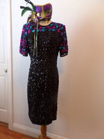 Vintage Sequin Dress Colorful Mardi Gras Fushia Turquoise Cocktail Party