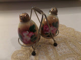 Vintage Lusterware Salt Pepper Shaker Set in Wire Holder Cottage Chic