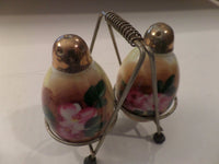 Vintage Lusterware Salt Pepper Shaker Set in Wire Holder Cottage Chic