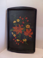 Vintage Hand Painted Baking Tray Tolle Style Toleware Style Black Floral Burnt Orange Lilies Tray, Black Metal Tray