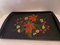 Vintage Hand Painted Baking Tray Tolle Style Toleware Style Black Floral Burnt Orange Lilies Tray, Black Metal Tray