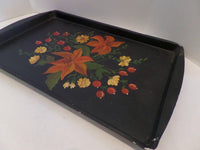 Vintage Hand Painted Baking Tray Tolle Style Toleware Style Black Floral Burnt Orange Lilies Tray, Black Metal Tray