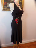 Vintage Embroidered Halter Dress Handkerchief Hem Red Rose Swingy Disco Style