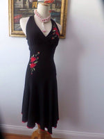 Vintage Embroidered Halter Dress Handkerchief Hem Red Rose Swingy Disco Style