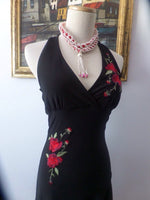 Vintage Embroidered Halter Dress Handkerchief Hem Red Rose Swingy Disco Style