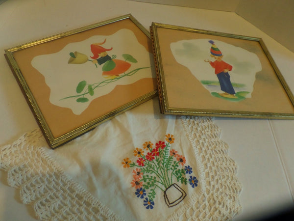 Vintage Framed Folk Art Garden Fairies Dutch Children