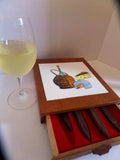 Vintage Mid Century Wood Tile Cutting Board Cheese Charcuterie Board with Serving Accessories