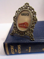 Vintage Miniature Framed Cross Stitch Greece Gold Filigree Frame Souvenir Shabby Chic Brass Home decor Dollhouse