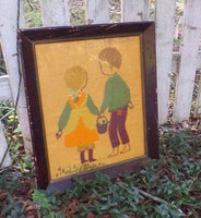 Vintage Primitive Folk Art Embroidery Framed Wall Hanging Rustic Decor Children with Basket Wall Art Rustic Country