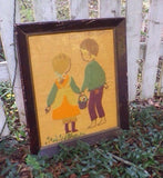 Vintage Primitive Folk Art Embroidery Framed Wall Hanging Rustic Decor Children with Basket Wall Art Rustic Country