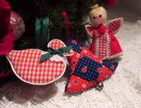 Vintage Handmade Fabric Ornaments Cottage Chic Mid Century Christmas Ornaments Angel Bell Duck Gingham Calico Fabric Ornaments Set of 3