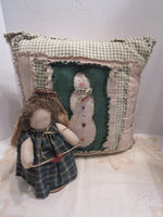 Vintage Decorative Pillow Snowman  Folk Art Angel Homespun Rustic Decor Winter Christmas Angel