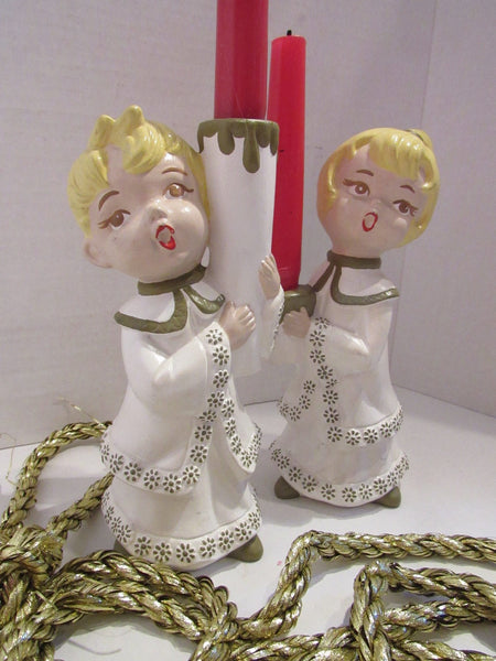 Vintage Mid Century Chalkware Christmas Candlestick Holders Choir Boy Choir Girl Avocado Green Gold Retro Christmas Home Decor