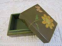 Vintage Decoupage Wooden Box Mod Flower Trinket Box Small Storage Box Butterfly Green Lacquer Box