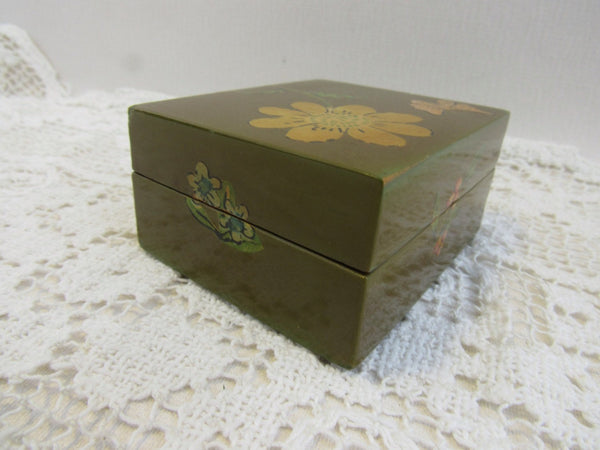 Vintage Decoupage Wooden Box Mod Flower Trinket Box Small Storage Box Butterfly Green Lacquer Box