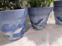 Vintage Planters Winter Currier and Ives Scene Planter Blue and White Snow Scenes Farmhouse Old Homestead Winter Sled Carriage Americana