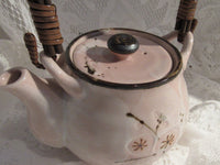 Vintage Japanese Pottery Teapot Handmade Art Pottery Porcelain Tea Pot Floral Pink Cherry Blossom Pattern Rattan Handle Sousaku