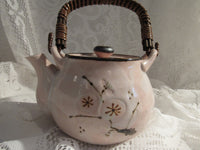 Vintage Japanese Pottery Teapot Handmade Art Pottery Porcelain Tea Pot Floral Pink Cherry Blossom Pattern Rattan Handle Sousaku