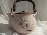 Vintage Japanese Pottery Teapot Handmade Art Pottery Porcelain Tea Pot Floral Pink Cherry Blossom Pattern Rattan Handle Sousaku
