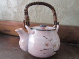 Vintage Japanese Pottery Teapot Handmade Art Pottery Porcelain Tea Pot Floral Pink Cherry Blossom Pattern Rattan Handle Sousaku