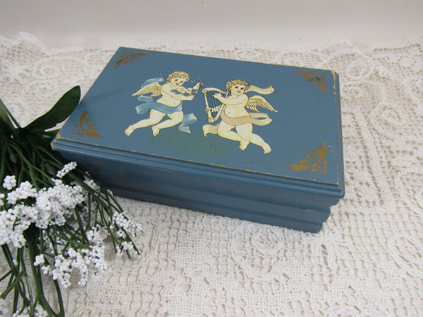 Vintage Shabby Chic Wooden Box Angels Decoupage Jewelry Box Cherubs Distressed Blue Painted Box Storage Stash Trinket Box