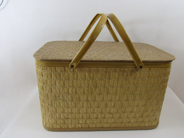 Vintage Picnic Basket Hamper Mid Century Metal Handle Tiki Look