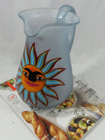 Vintage Frosted Glass Sangria Margarita Pitcher Southwestern Sunshine Hand Painted Glass Pitcher