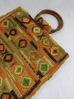 Vintage Boho Market Tote Beach Bag Wood Handles Embroidered Ethnic Traveler Style 1970's