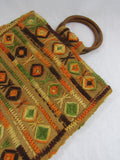 Vintage Boho Market Tote Beach Bag Wood Handles Embroidered Ethnic Traveler Style 1970's